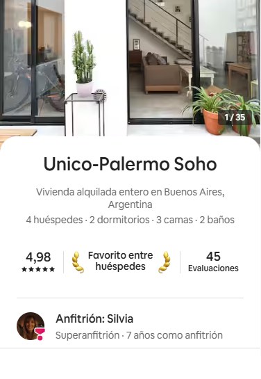Anuncio de Unico-Palermo Soho: 4,98 de calificación, Favorito entre huéspedes, 45 evaluaciones, anfitriona Silvia, Superanfitriona